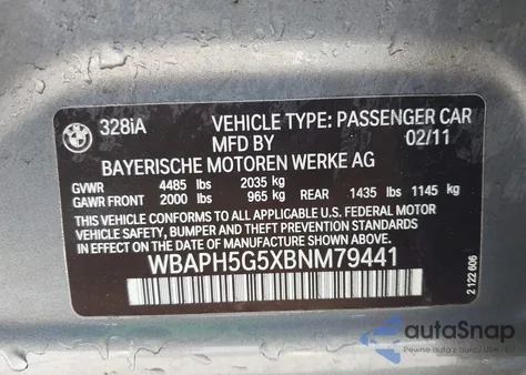 2011 BMW 328I z USA, uszkodzony, nr VIN WBAPH5G5XBNM79441